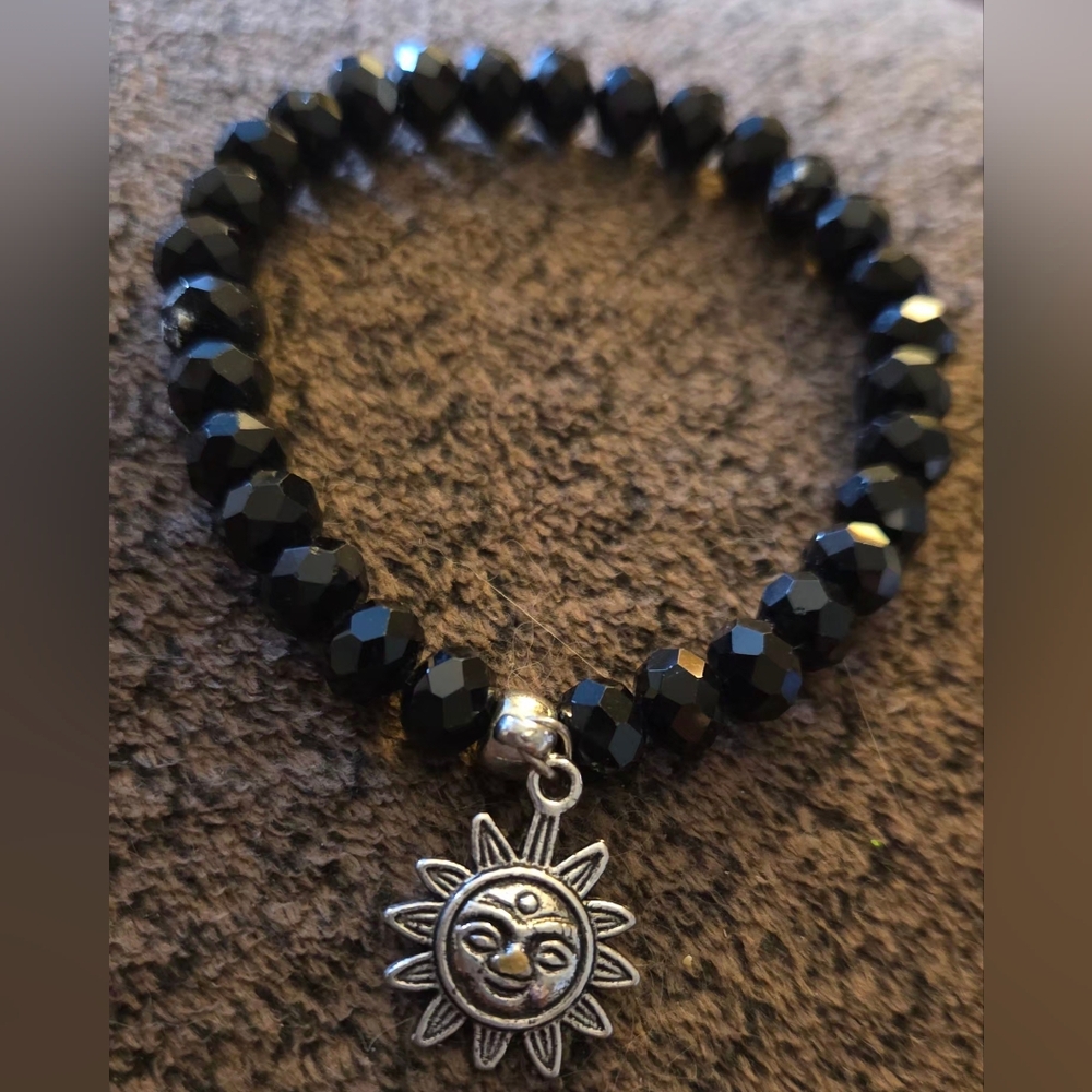 Sun Charm Black Beaded Stretch Bracelet
